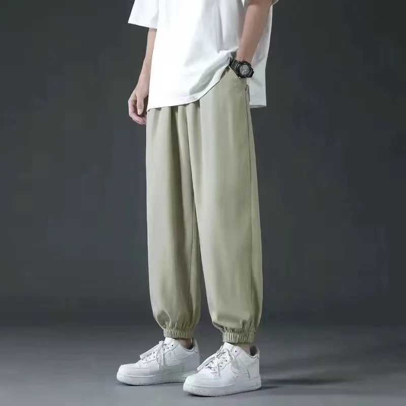 New Men'S Korean Fashion Casual Summer Thin Quick Drying Ice Silk Straight Pants Loose Sports 9-Point Trousers Boy