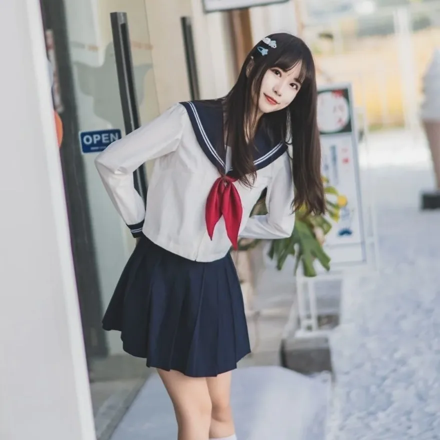 

plus Size School Uniform Style Outfit Sailor Suit Long Sleeve Fashionable Ensemble for Young Women Spring Autumn Polyester Fiber
