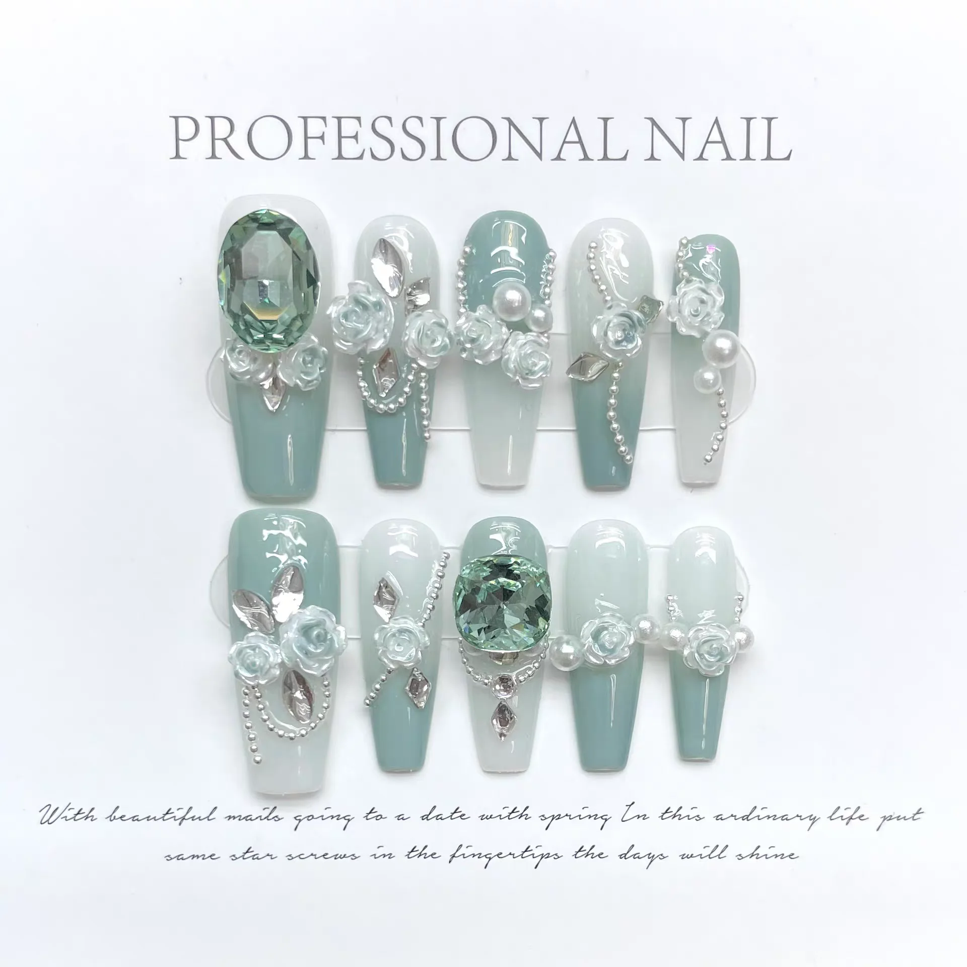 New 2024 Handmade Manicure Wearing Manicure Green Full Diamond Camellia Gradual Change Chain Versatile National Style Lake Blue