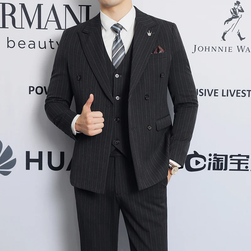 2025 남성 트렌디 더블 브레스티드 쓰리피스 캐주얼 수트 고품질 패셔너블 비즈니스 스타일 신상