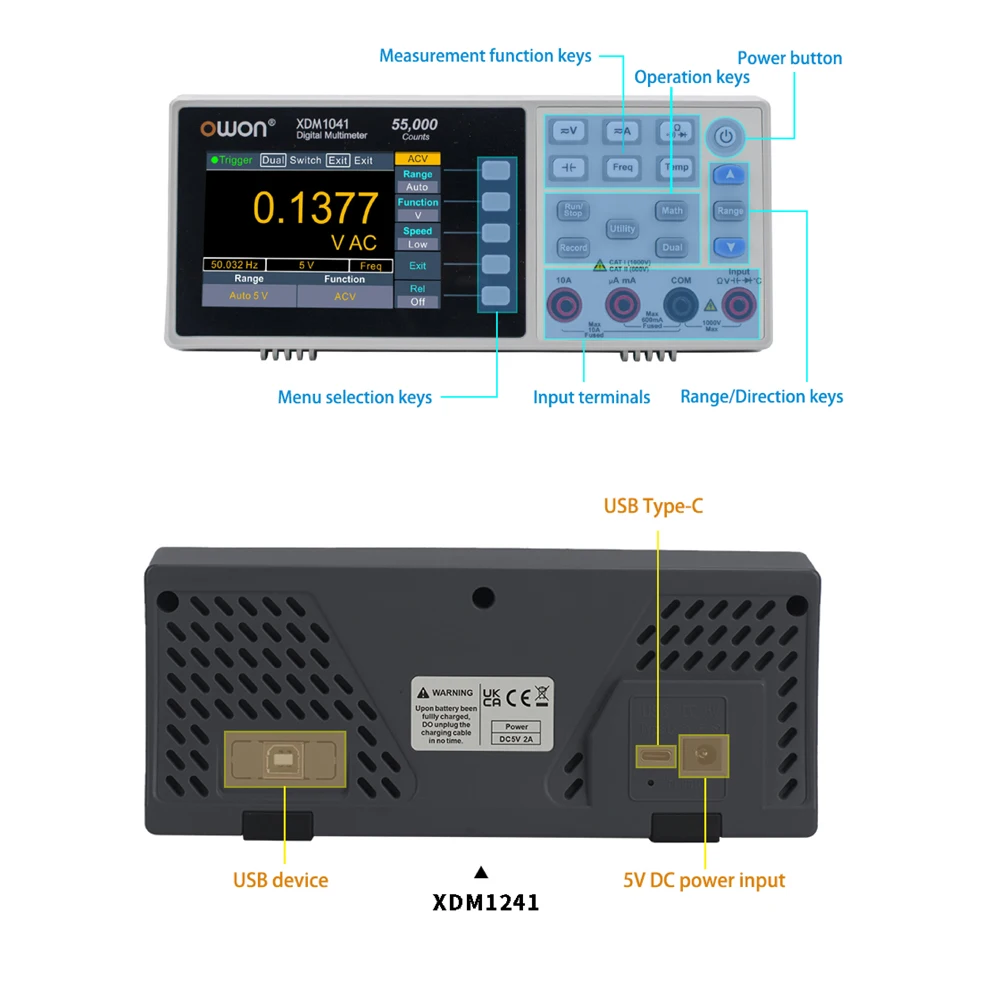 OWON 디지털 멀티미터 XDM1241 XDM1041 True RMS 4 1/2 자리 AC DC 전압 전류 온도 벤치 탑 측정 테스트 도구