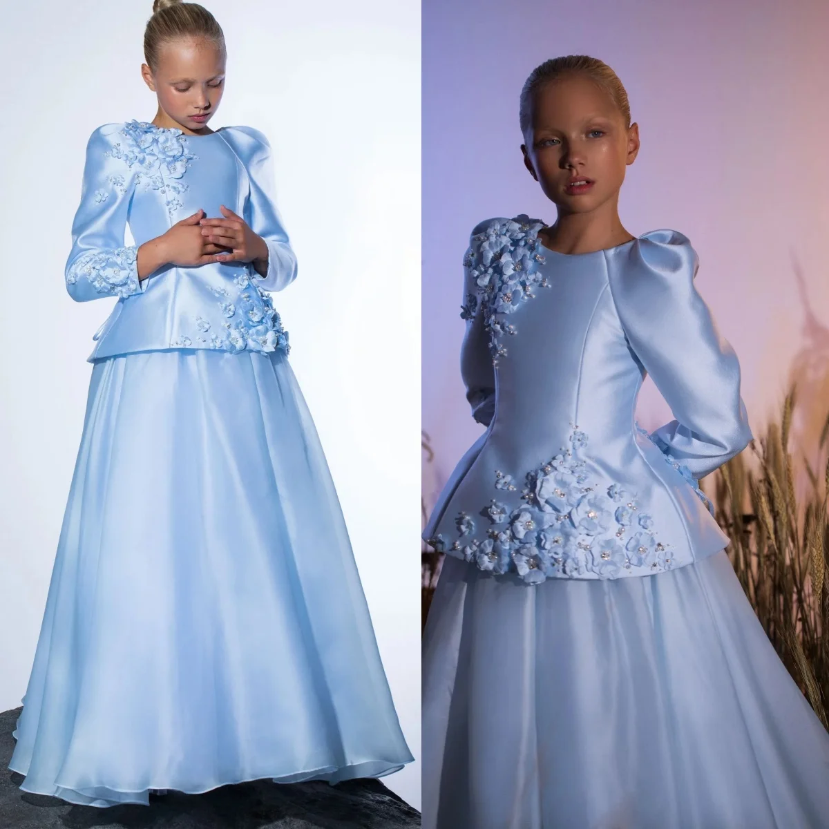

Blue Full Sleeves Flower Girl Dress For Wedding Lace Appliques Floor Length Girl Birthday Party First Communion Gowns Customized