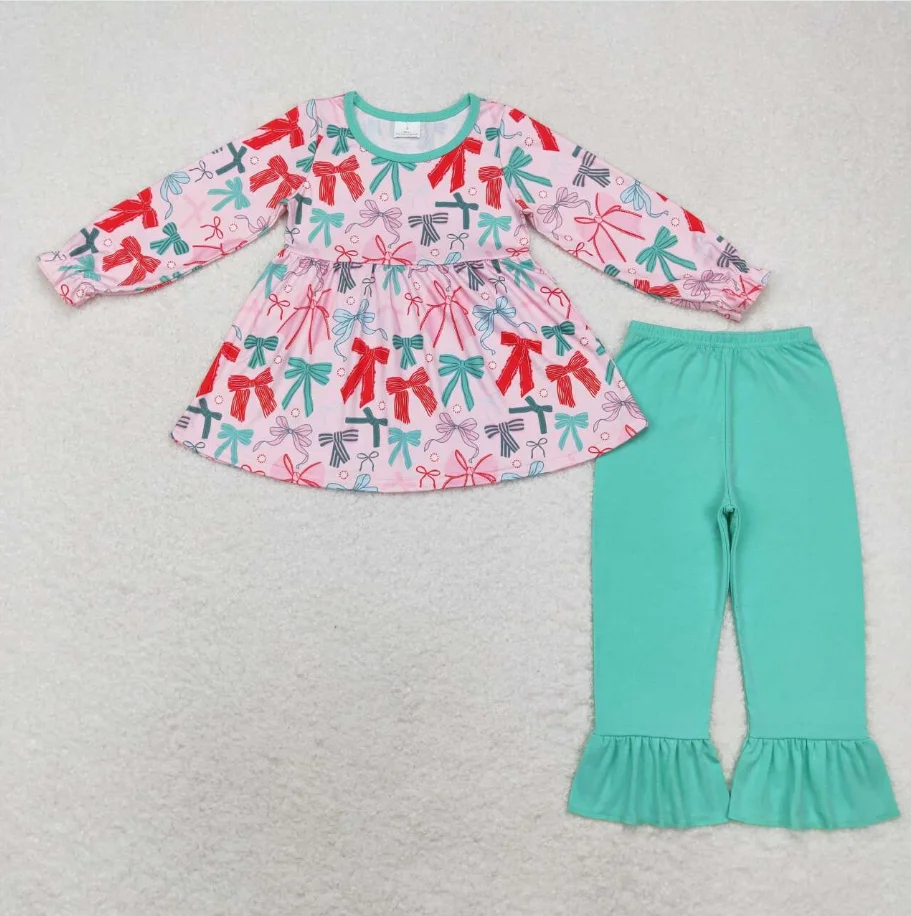 

Colorful Long Sleeve Dress Matching Solid Ruffle Pants Sets For Baby GIrls Children Fall Winter Boutique Clothing Sets
