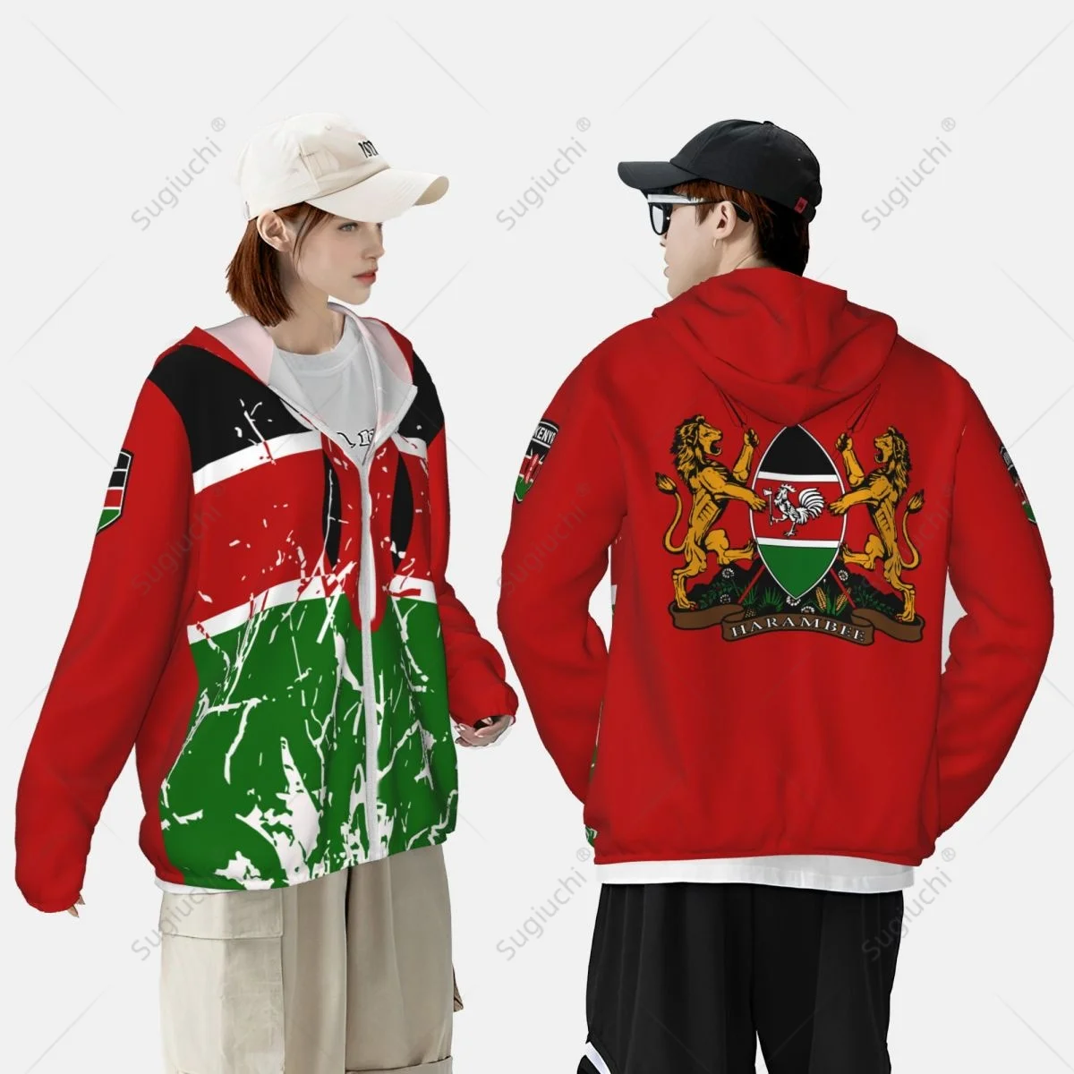 Poliéster Hoodie com zíper, manga comprida, proteção solar, roupas de pesca, ciclismo, corrida, proteção solar, bandeira do Quênia, secagem rápida