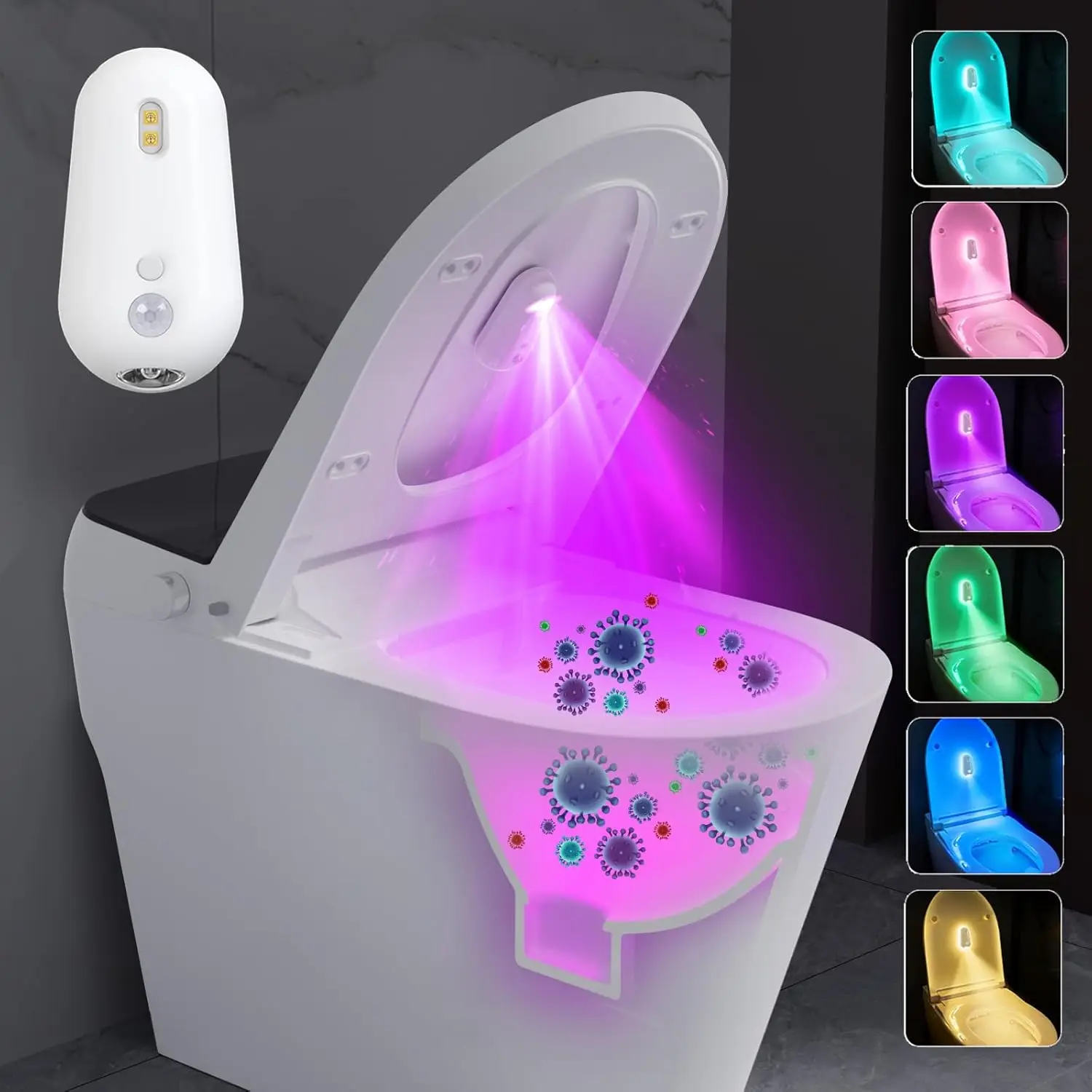 Toilet Light Motion Sensor 7-color-changing Small Night Light with UV Lamp, Rechargeable LED Night Light for Bathroom Decoration