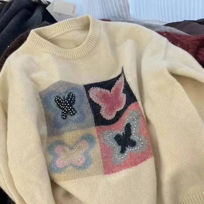 

BabYoung Kawaii пушистые пуловеры с бабочками, серые вязаные топы с длинными рукавами, женские осенне-зимние новые свитера с круглым вырезом