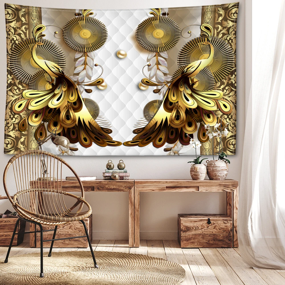 Golden peacock feather printed tapestry, modern style, suitable for wall decoration in bedrooms, study rooms, and living rooms