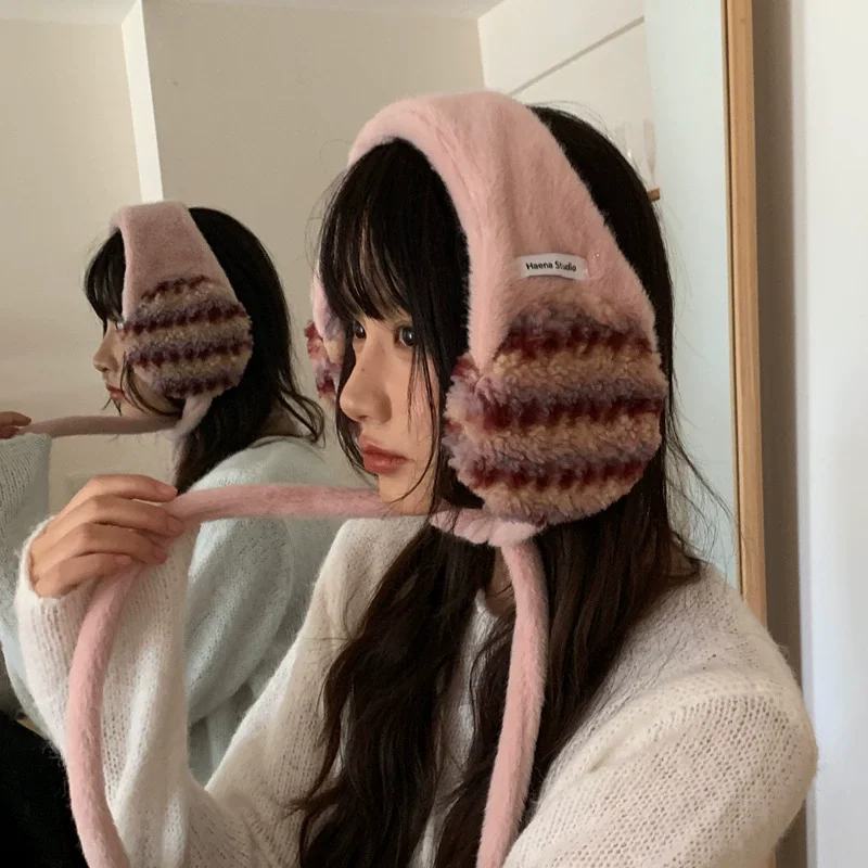 Korean Sweet Pink Hand-knitted Plush Earmuffs for Women Autumn and Winter Travel To Keep Warm and Versatile Hair Accessories