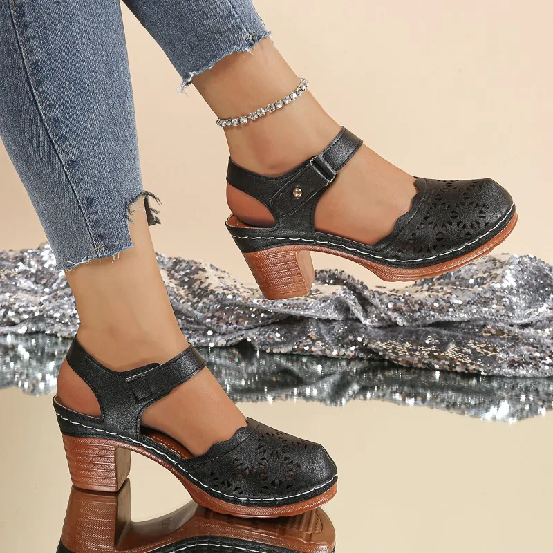 2026 New Ladies Shoes Closed Toe Women's Sandals Fashion Hollow Out Summer Retro Casual Plus Size Best Seller Heeled Sandals image 4