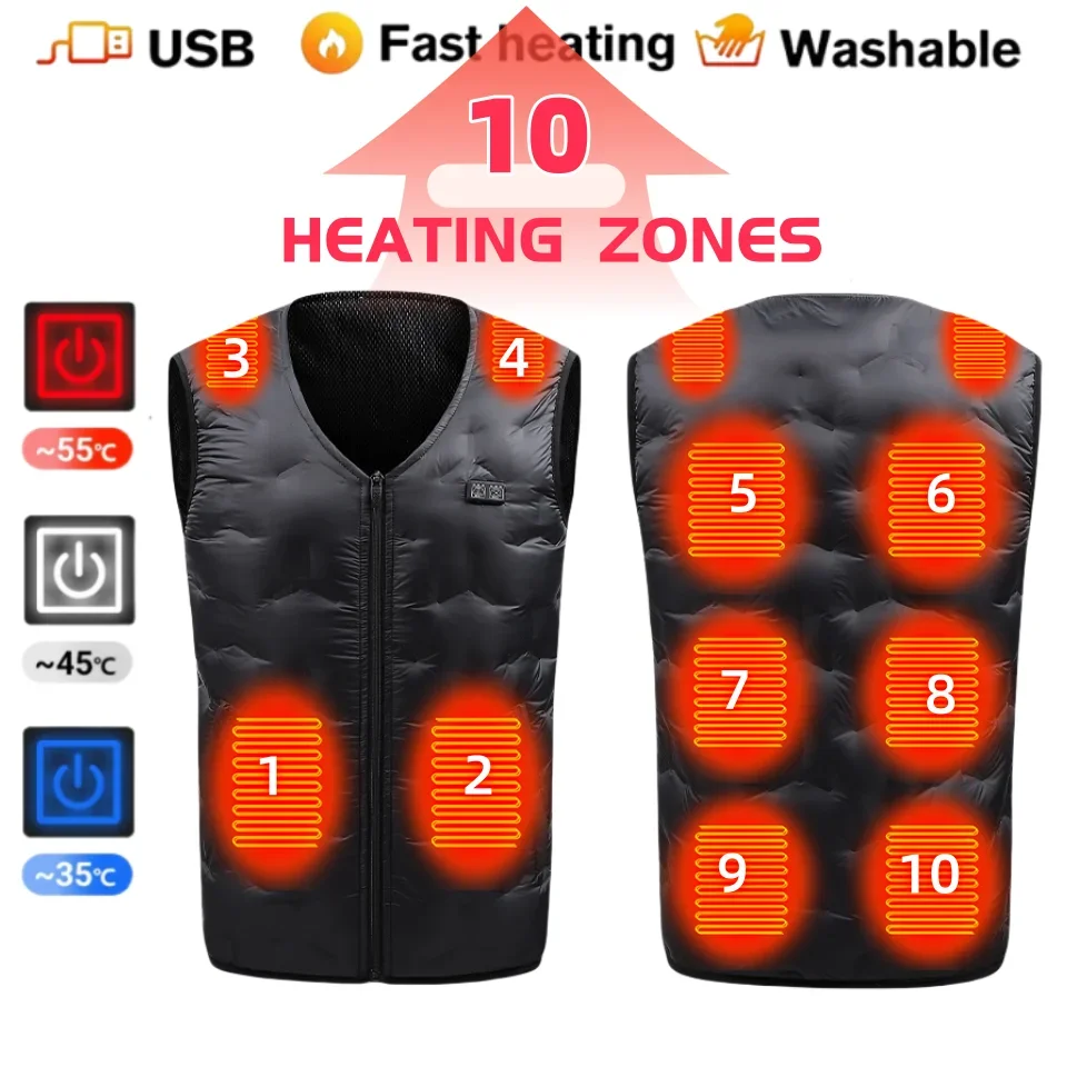 

10 Areas Heated Down Vest Men's Winter Warm Electric Vest Double Control Intelligent Heating Clothes Ski Lightweight Down Jacket