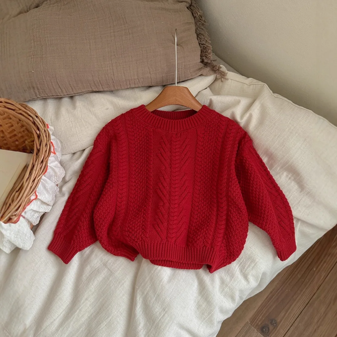 Children's Twist Sweater Boys Girls 2025 Autumn Winter Loose Red Round Neck Pullover Knitted Top Christmas New Year's Clothing