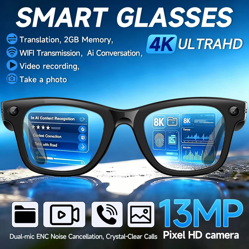 New Smart Glasses Blue Light Blocking 1300W Camera AI Photo Recognition Language Translation Video Recording Sunglasses Men Lady