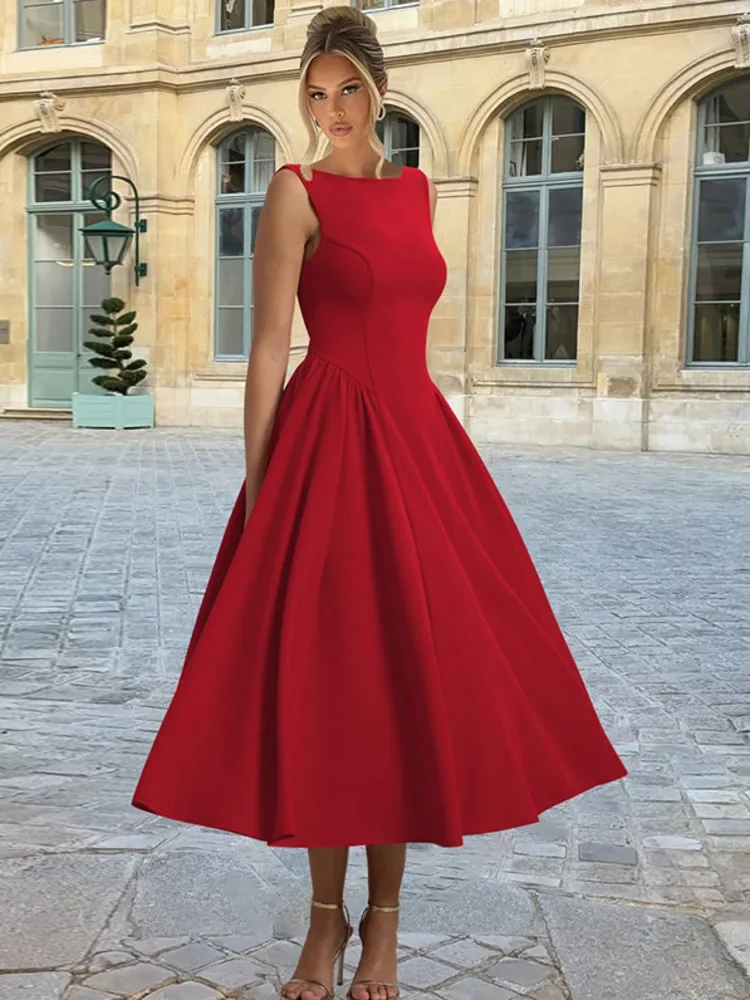

Sleeveless Pleated Sexy Maxi Dress Women Gown Elegant O Neck High Waist A-line Club Party Long Tank Dresses Female