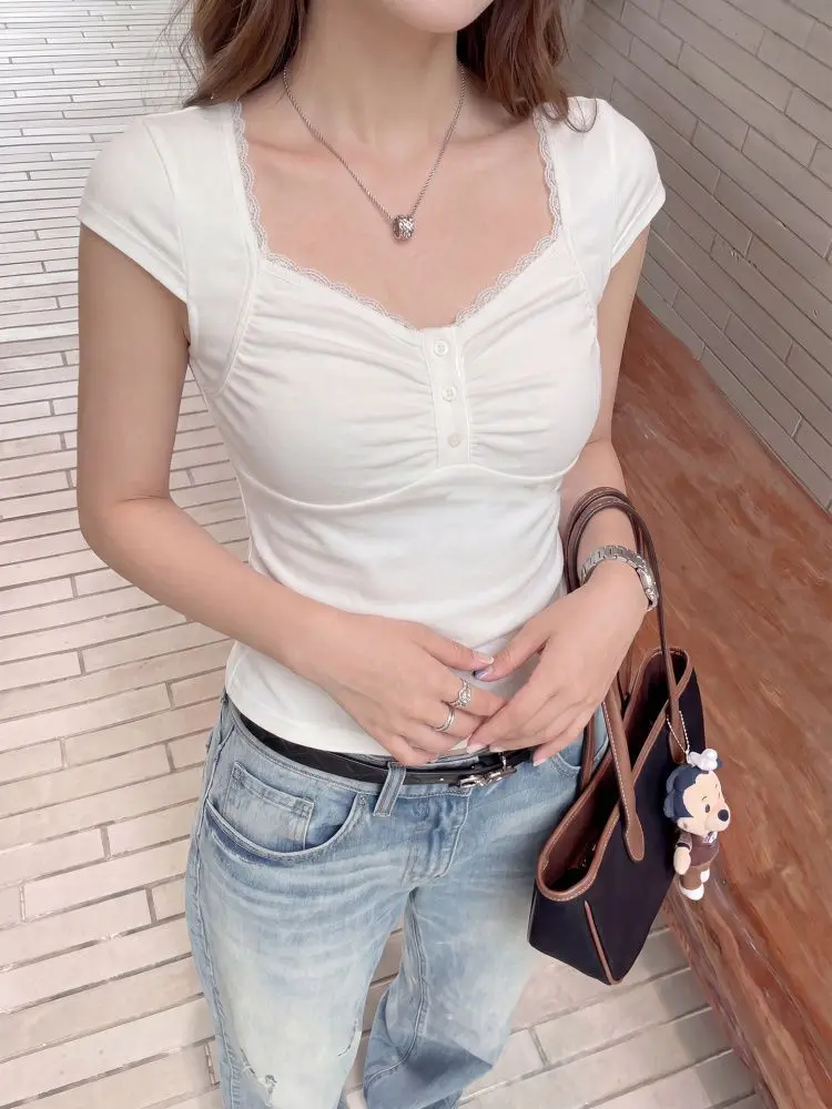 Sweet Button-up Short Top Women's Summer Cute Slim-fitting Lace Stitching Square Collar T-shirts Y2K Clothing Korean Tees White