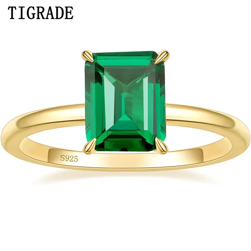 Tigrade Exquisite Dazzling Gemstone Emerald 925 Sterling Silver Ring For Women Gold Plated Bridal Engagement Wedding Jewelry