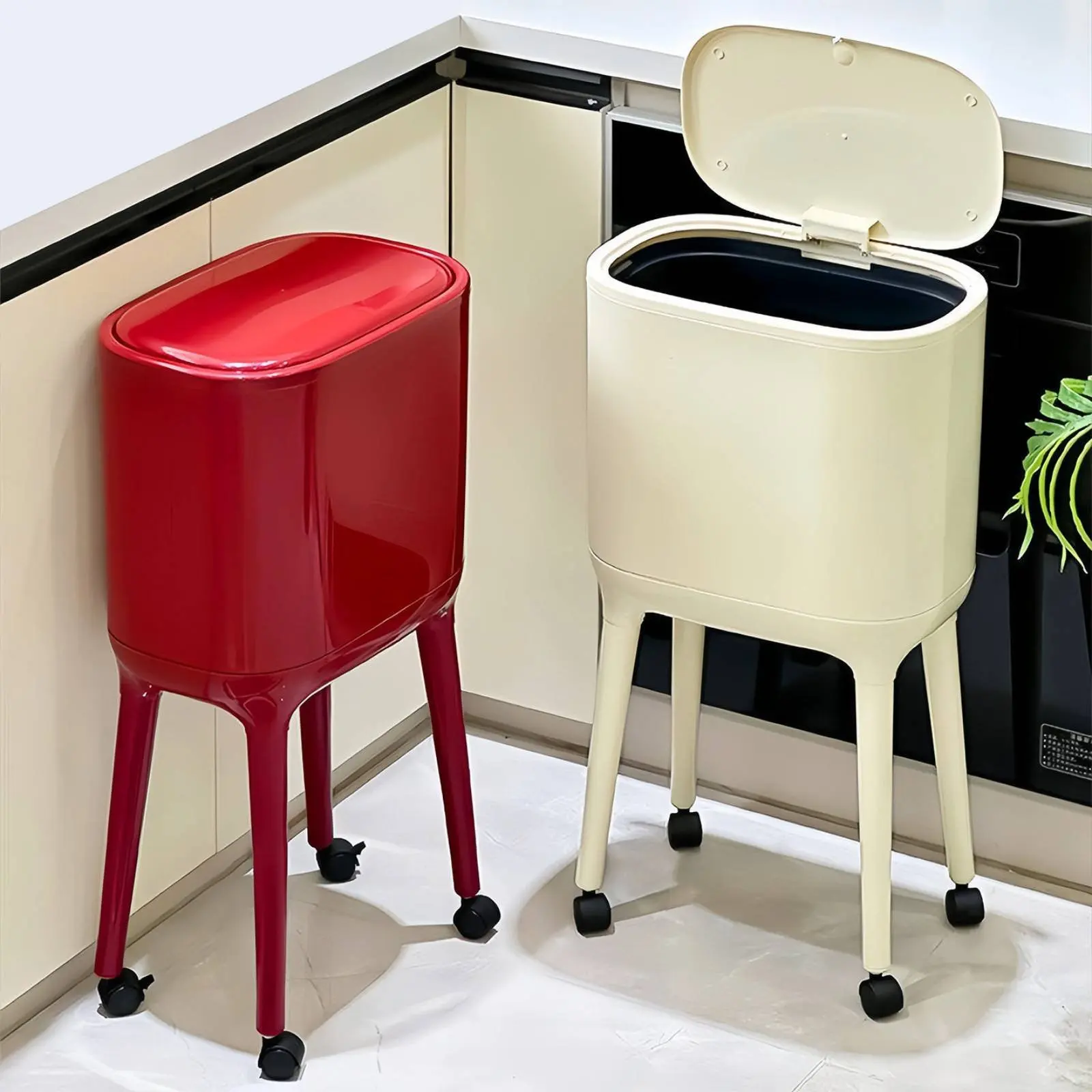 Tall Trash Can with Legs Easy to Clean Elevated Garbage Can on Wheels Rolling Waste Bin with Lid Wide Opening Mobile Garbage Bin