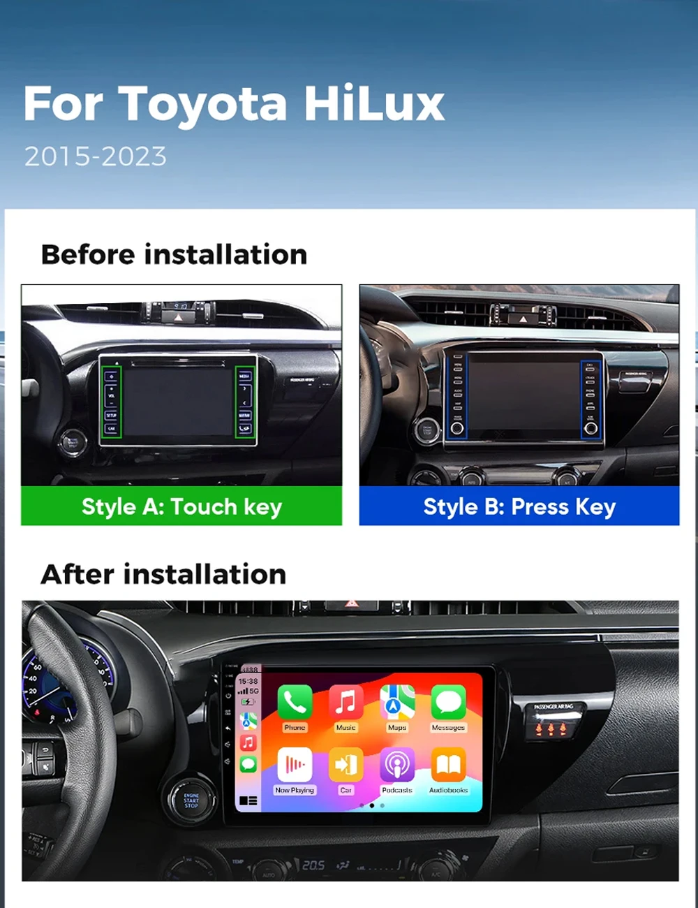 Android 16 Carplay&Auto For Toyota Hilux Pick Up AN120 2015 - 2023 LHD Car Radio Navigation Multimedia Stereo Player BT QLED GPS
