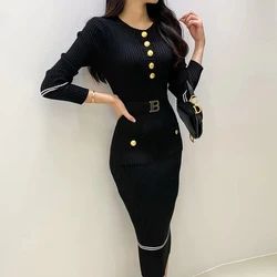 YuooMuoo kobiety ubierają koreańską modę O-neck wąska talia dzianinowa sukienka ołówkowa z paskiem Office Lady Bodycon Vestidos 2024 zima