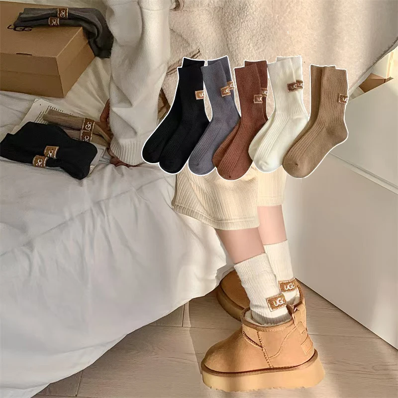 Winter Socks Women\'s Wool Cashmere Solid Warm Thickened Pile Socks Embroidered Logo Mid-Calf Socks Casual Snow Boot Sock