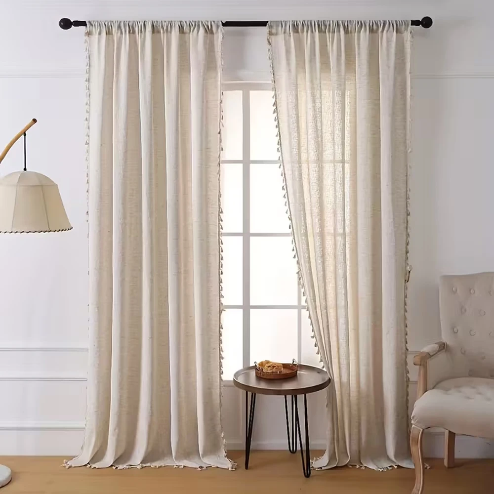 1pc Nordic Healing Style Linen Fringe Curtains,  Natural Cotton Hemp, Lightweight Fringe, Perfect for Bedroom