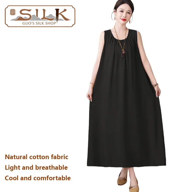 Cotton Women's Dress - Loose Large-Sized Sleeveless Long-Sleeved Home Leisure Wear Sleeping Dress - Comfortable and Soft