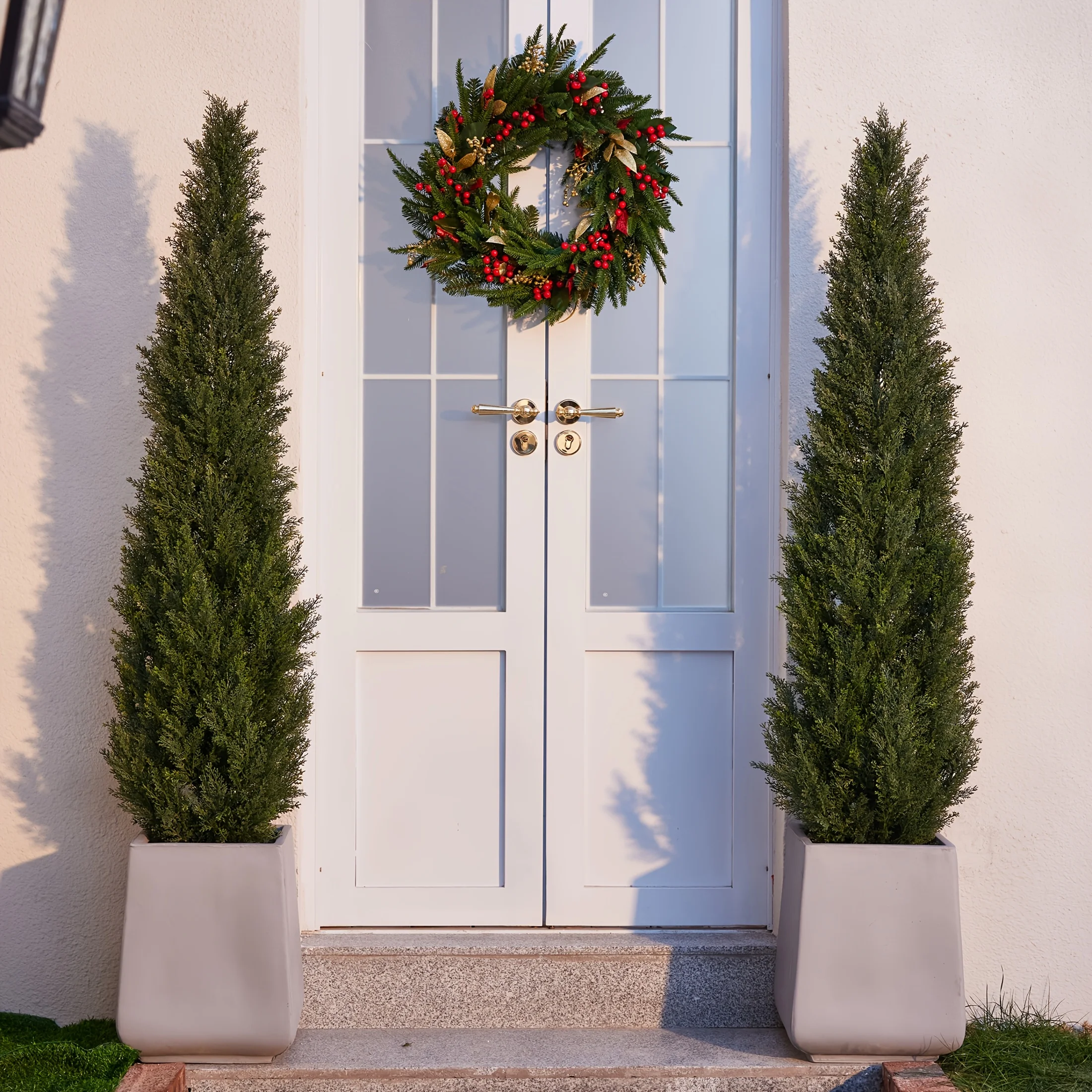 

Outdoor Artificial Cedar Ball Trees in a Half-Pack, UV Resistant, Designed for Use As Urn Fillers in Gardens Or by Pools. These Evergreen Faux Cypress Bushes Come with Ground Spikes, Perfect for Decorating Front Porches And Backyards