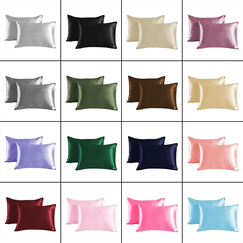 2Pcs Silk Satin Pillow Case Bedding Pillowcase Smooth Home with Envelope Closure Cover Twin/Queen/King Size