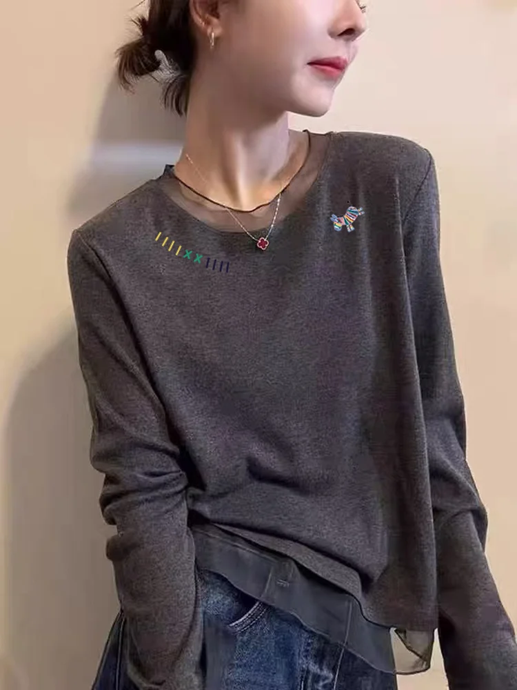Retro American Net round Neck Long Sleeve T-Shirt Women's Cartoon Anti-Aging Printing Elastic Slimming Autumn Winter Base Shirt