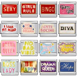 Fashion Women SEXY LADY DIVA HOPE Words Italian Charm Link Fit 9mm Stainless Steel Bracelet Making DIY Beads Femlae Jewelry
