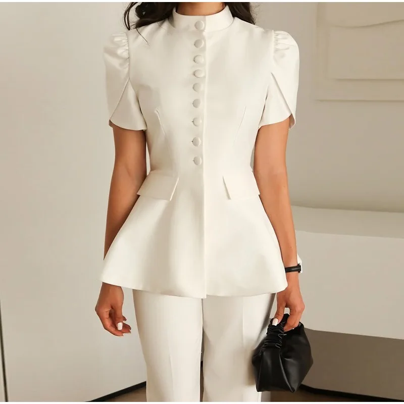 Black White Shirt Jacket Women 2026 Summer New Stand Collar Single Row Buttons Puff Sleeve High Waist Slimming Fashion Tops