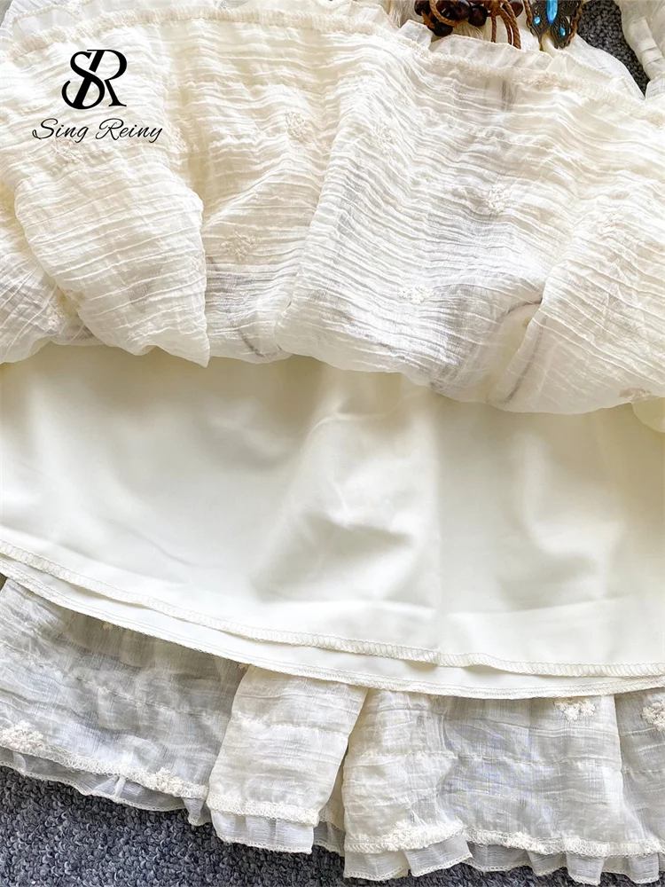 فستان SINGREINY صيفي مطرز متوسط الطول للسيدات بأكمام واسعة وكشكشة على شكل فراشة وشاحات فرنسية قابلة للطي فستان صيفي عتيق للعطلات #6