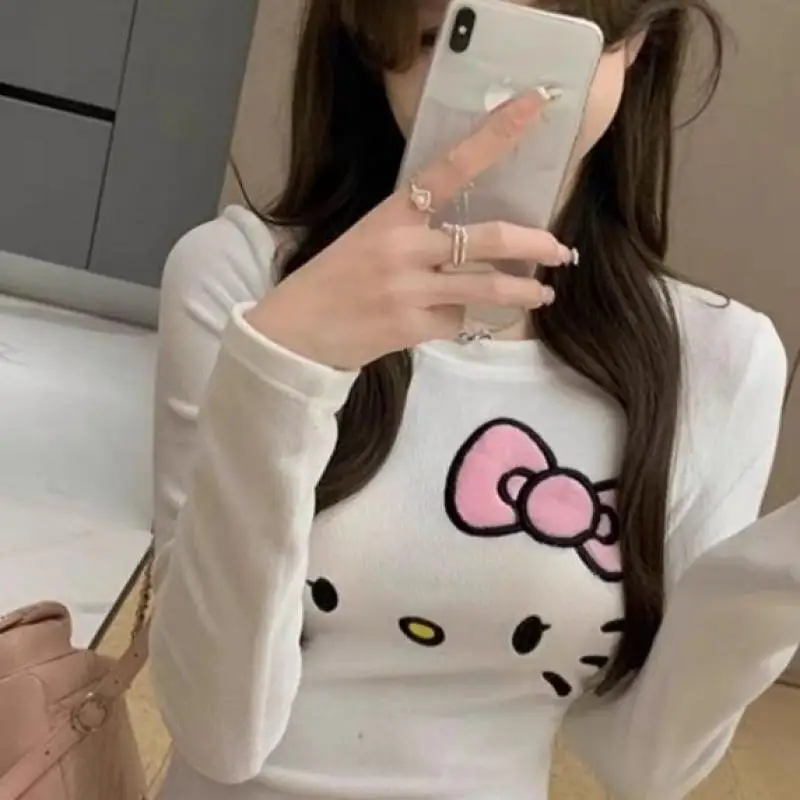 Sanrios Hello Kitty Long Sleeve T-Shirt for Women Cute Cartoon Spring New Printed Women Tees Korean Sexy Slim Tops Trend Clothes