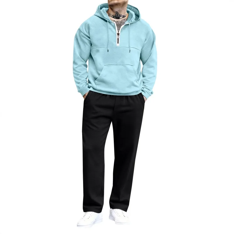 Men's 2-Piece Tracksuit Set Light Blue Half-Zip Hoodie with Black Straight Leg Sweatpants Casual Sportswear Set