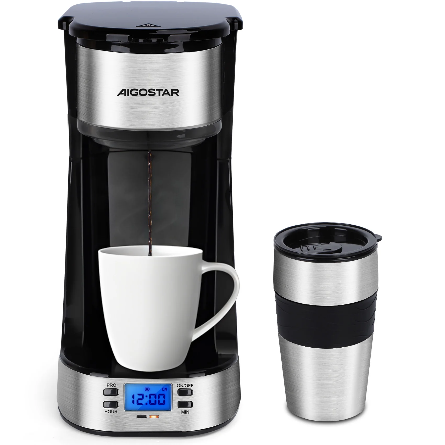 Aigostar Kaffeemaschine mit Thermobecher, 420 ml Filterkaffeemaschine Mit 24h-Timer, LCD-Anzeige, AutoClean-Funktion, Tragbare klein Kaffeemaschine für gemahlenen Kaffee, 700W, Schwarz