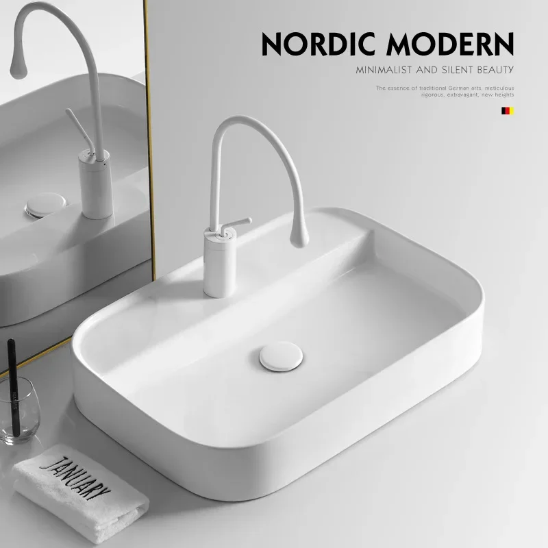 Bathroom Sink Ceramic Washbasin Nordic Morden White Countertop Wash Basin Square Hotel Creative Art Basin With Free Faucet