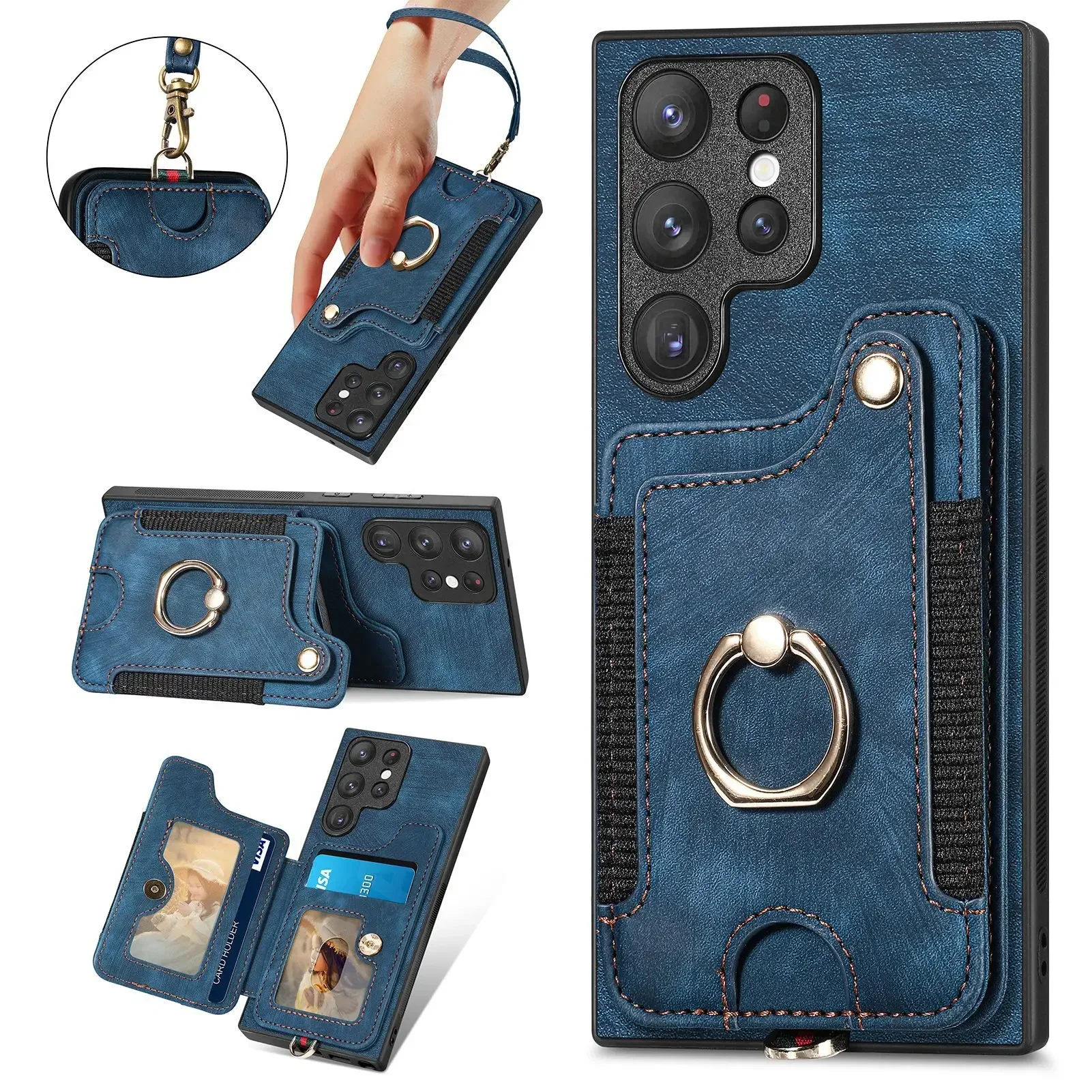 Leather Ring Holder Phone Case for Samsung Galaxy S23 S21 S20 FE S24 S22 Ultra Plus A54 A53 A34 A14 Wallet Card Slot Strap Cover