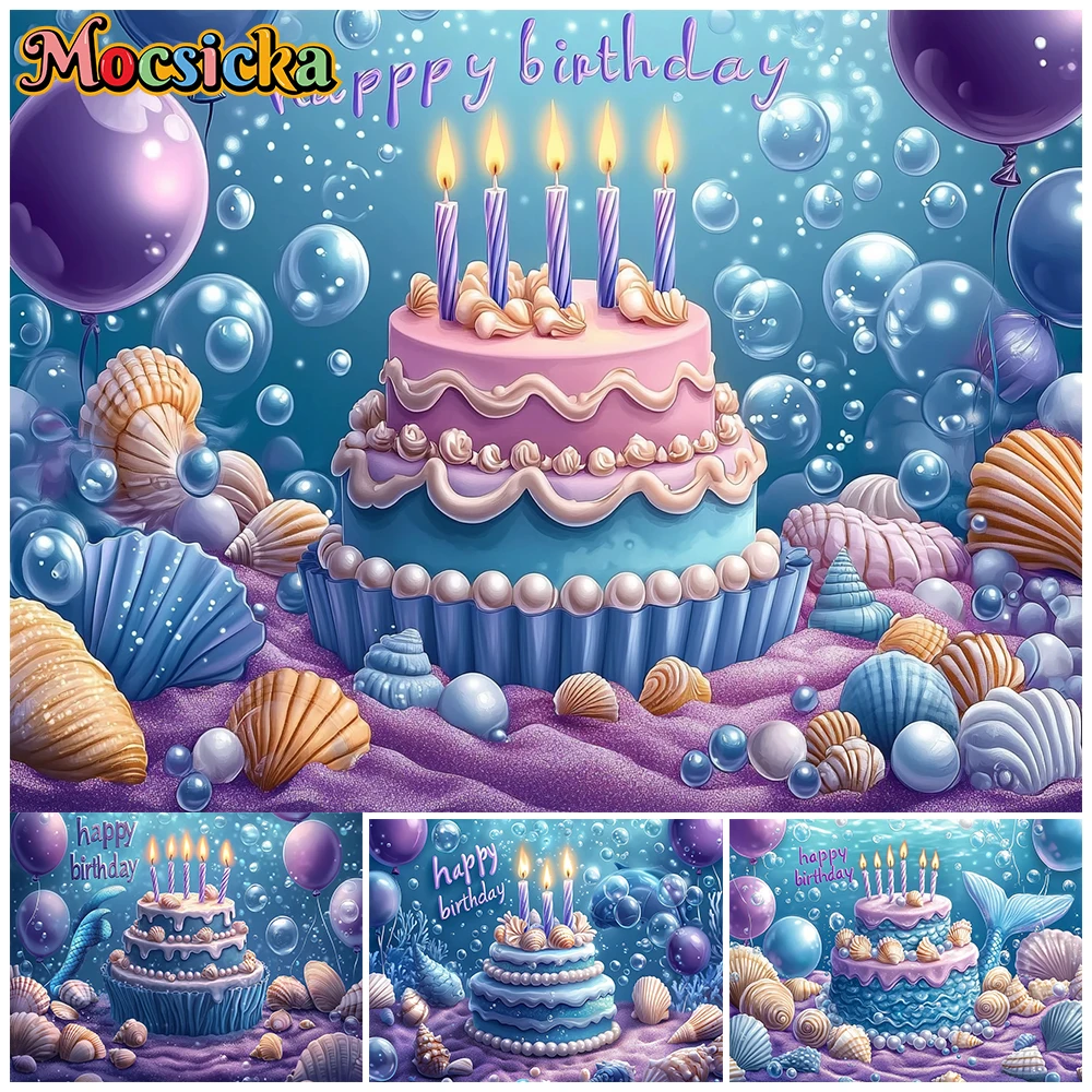 Mocsicka Underwater Happy Birthday Photography Backdrop Purple Ocean Blue Balloon Cake Girl Mermaid Party Baby Shower Background
