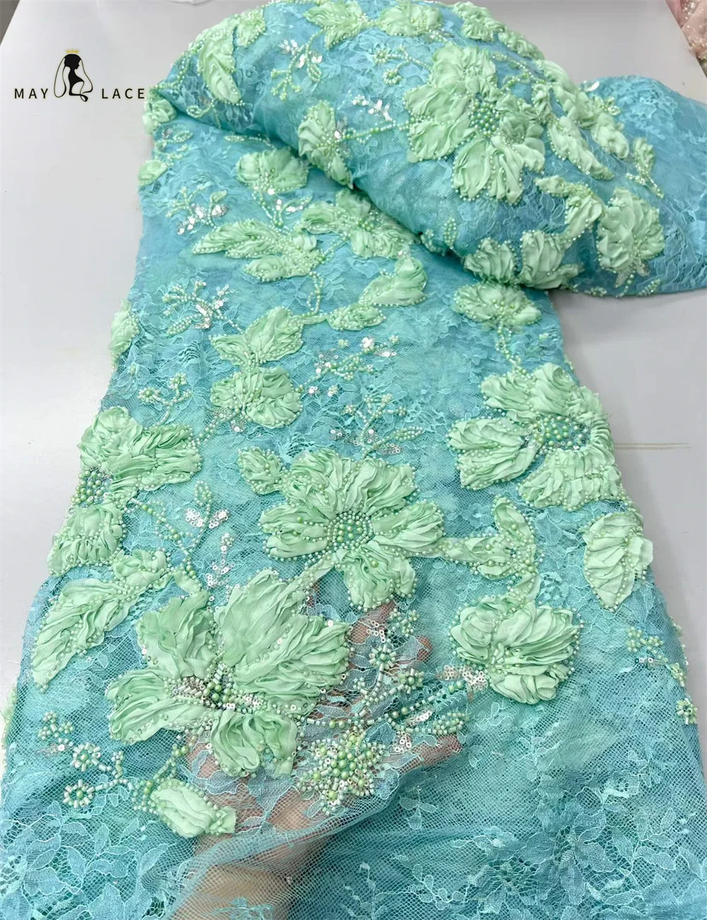 5 Yards African 3D Flower Beads Lace Fabric 2026 High Quality French Nigerian Sequins Embroidery Tulle Fabric For Wedding Dress