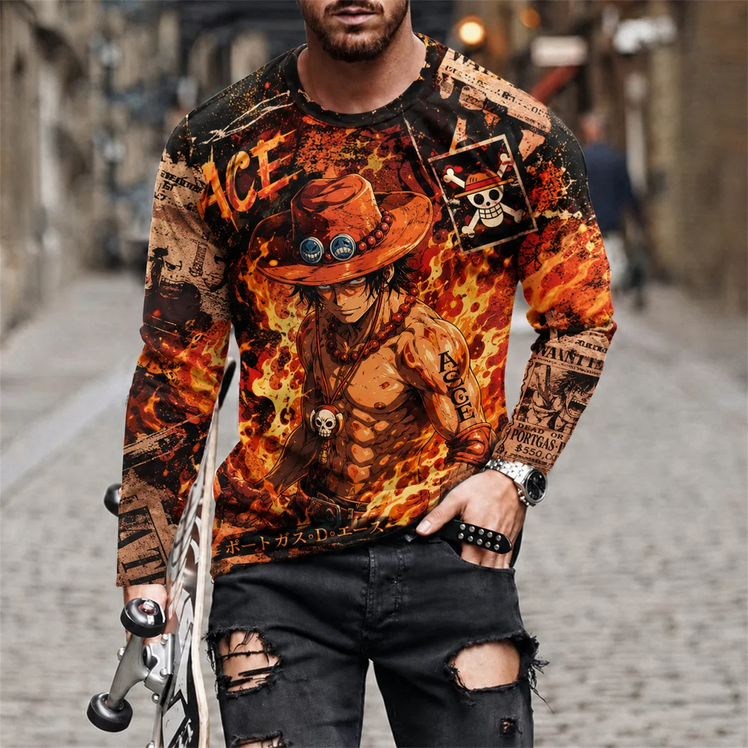 One Piece Luffy Anime T-Shirt Herren Streetwear Casual Herbst Frühling Cosplay Langarm Unterziehshirt Oberteil T-Shirts FamilyMatching – Detail 9