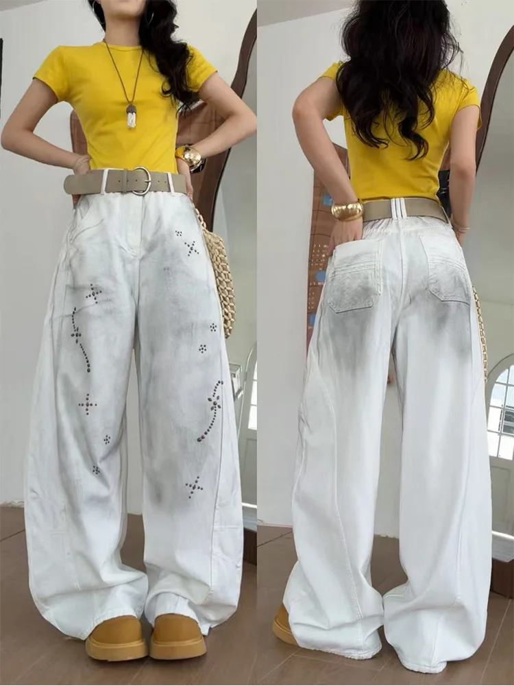 

High Waist Loose Fit Women's Jeans Rivet Dyed Cotton Spring Summer New Style Versatile High Waist Long Pants for Ladies