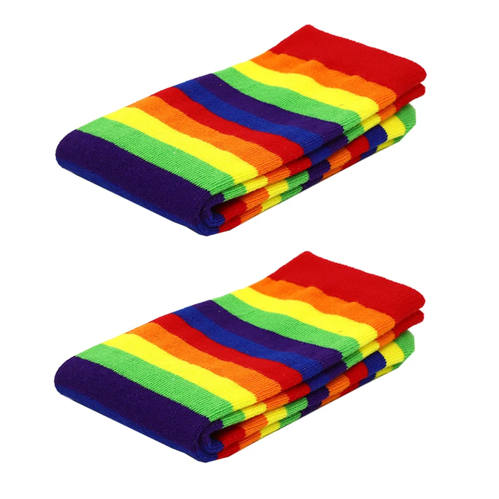 

2pcs Rainbow Stripe Socks Knitted Cotton Warm Winter Kids Stockings For Ages 5-12 Soft Socks For Kids Elastic Sole