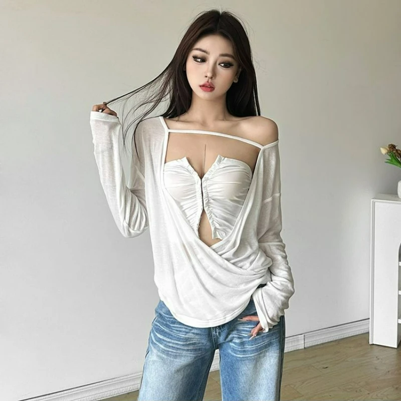 Spring Autumn Featuring Hollowed-out Cross Design That Slimmers Figure Two-piece Set Pleated Buttoned Strapless T-shirts  Women