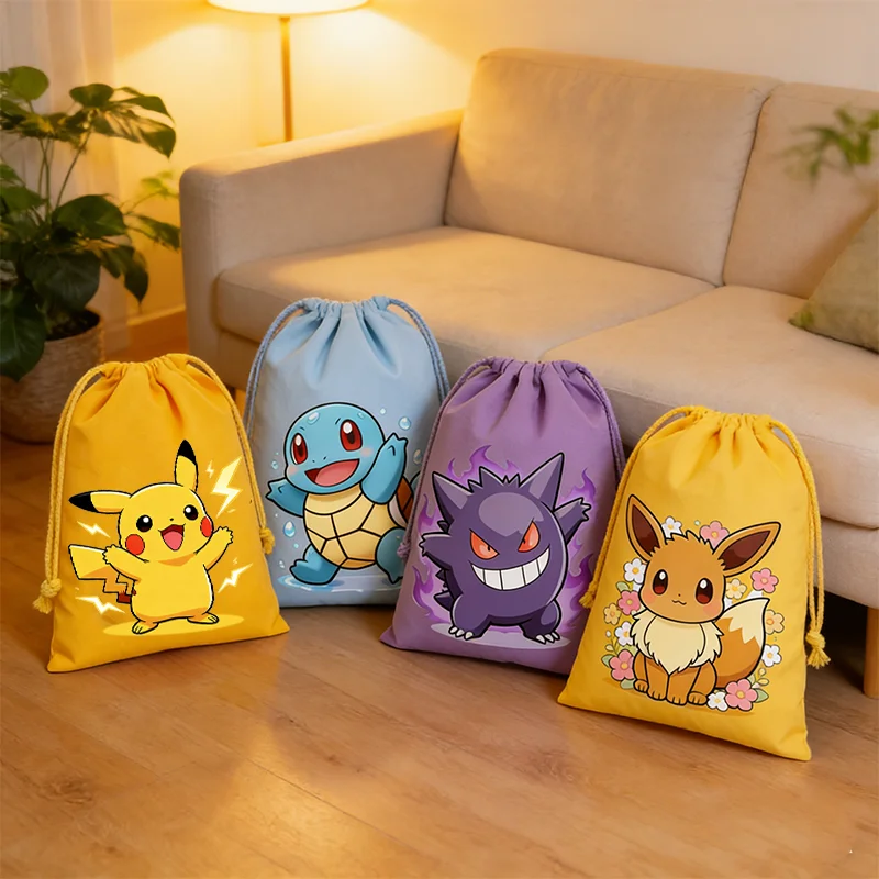 Bolsa con Cordón de Pokémon para Regalo de Fiesta, Lindas Bolsas de Cosméticos para Niños, Bolsa de Almacenamiento de Dibujos Animados, Bolsa de Tela con Cordón, Bolsa de Aseo