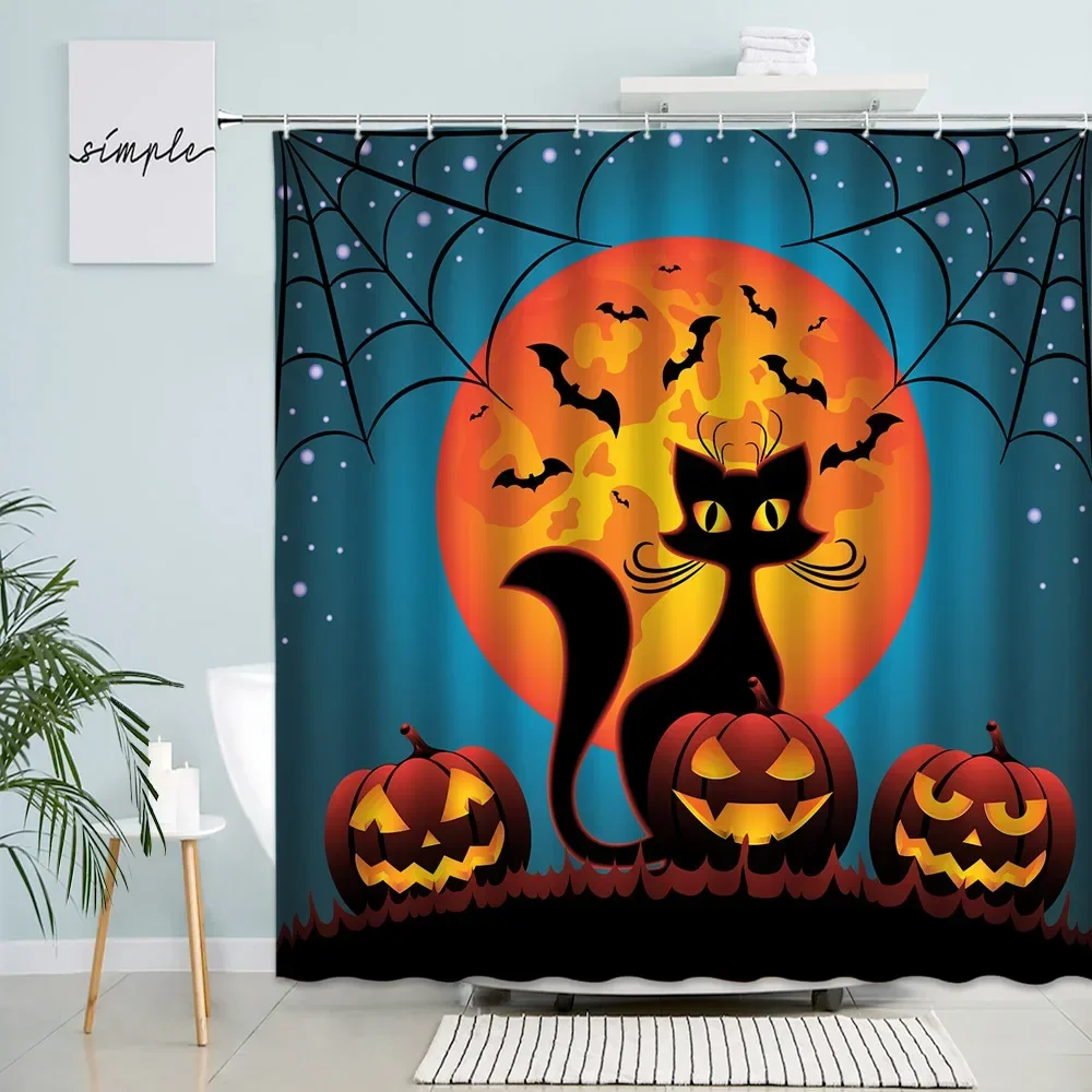 Creative Halloween Shower Curtain Funny Pumpkin Red Mushroom Horror Forest Castle Moon Landscape Bathroom Curtains Home Decor