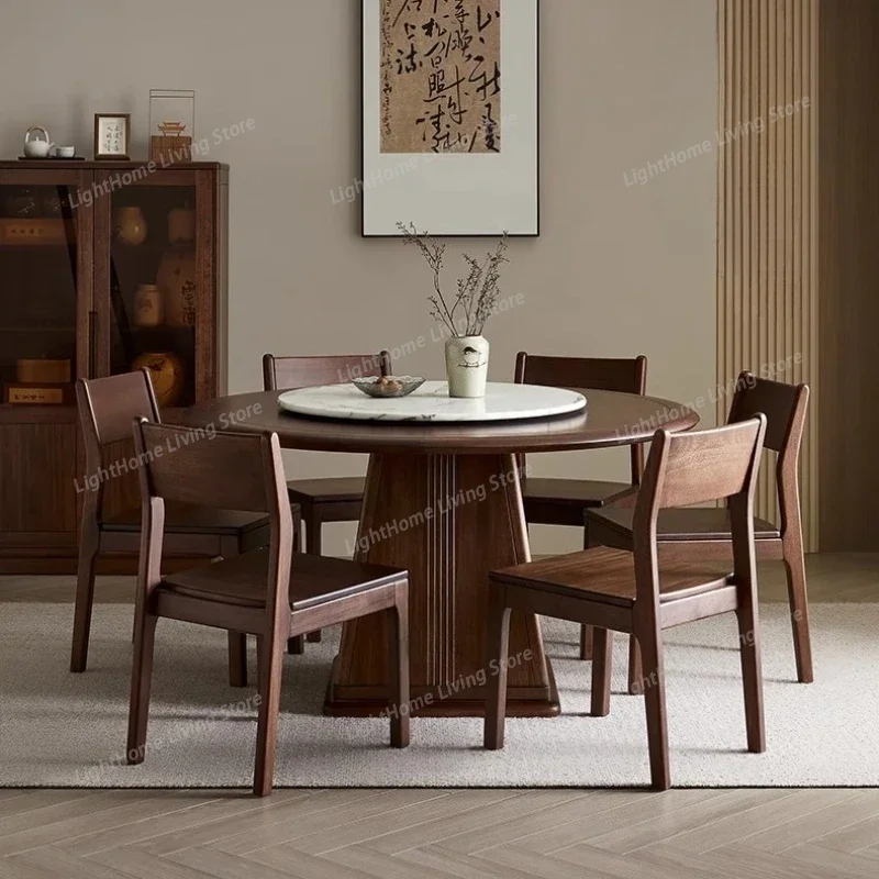

Round Household Walnut Solid Wood Frame Table Combination Chair Furniture Minimalist Modern Dining Table Living Room Turntable