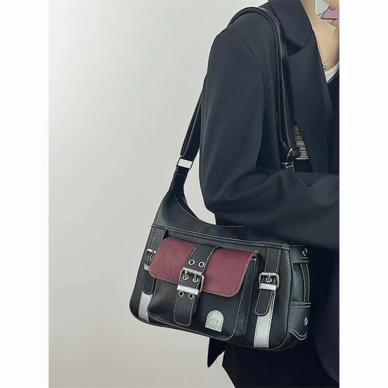 

Vintage retro bag personality soft leather y2k spicy girl biker bag female 2025 color collision single shoulder crossbody bags