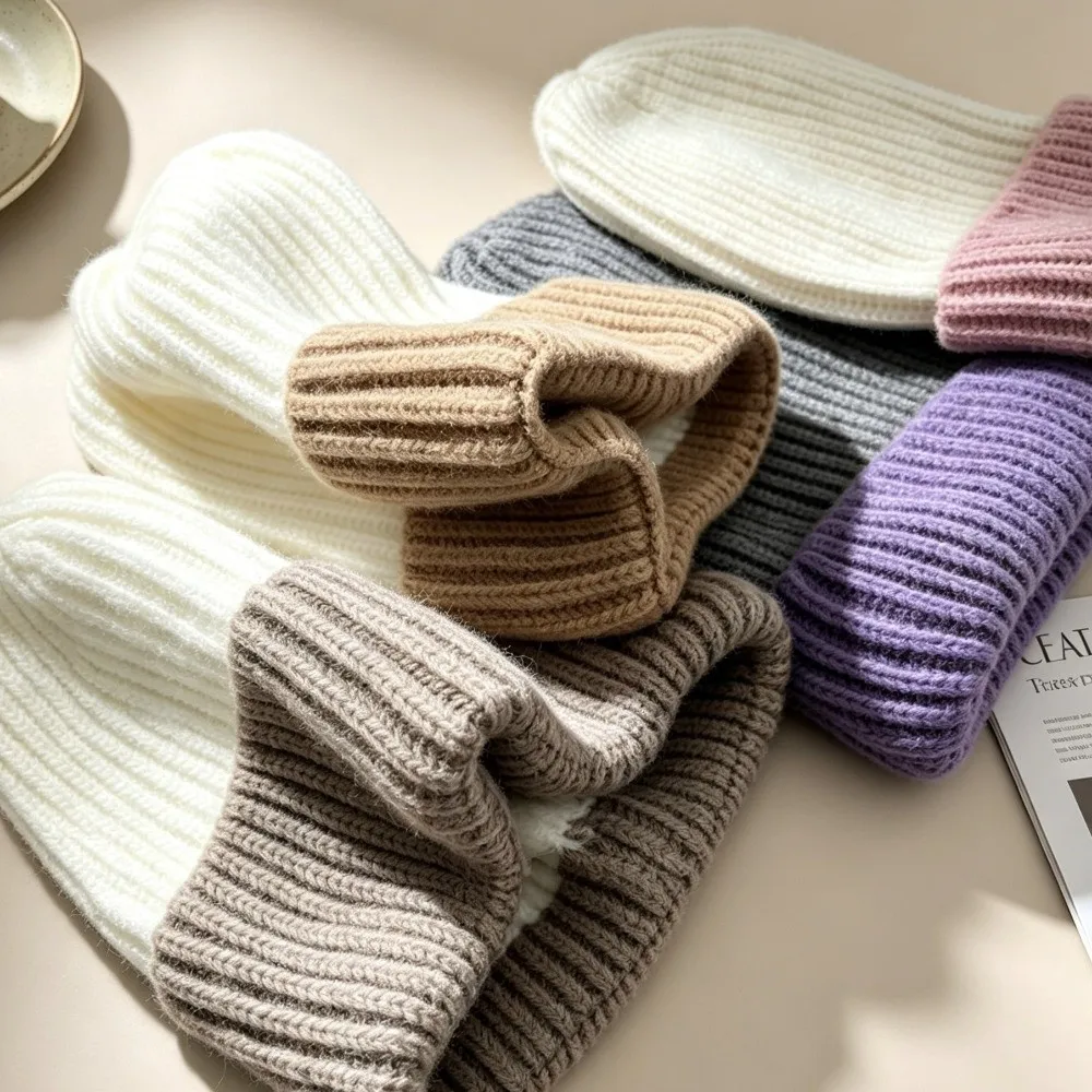 Fashion Splicing Colors Knitted Beanies Cap Thickened Cashmere Hooded Hat Warm Breathable Balaclava Caps Unisex