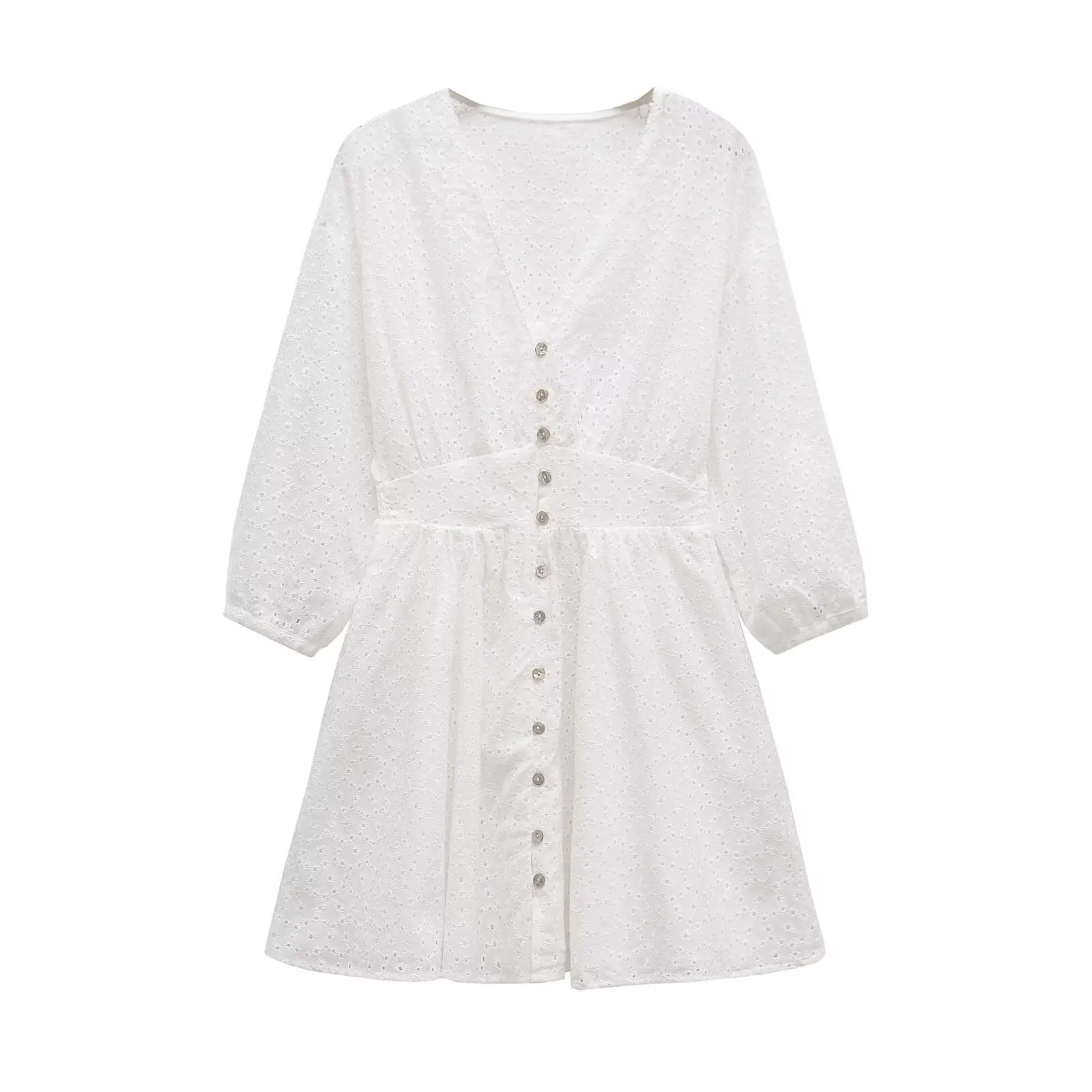 

PB&ZA Women's V - neck 3/4 - sleeve Button - front Eyelet - patterned Dress for Summer for a Charming and Airy Look