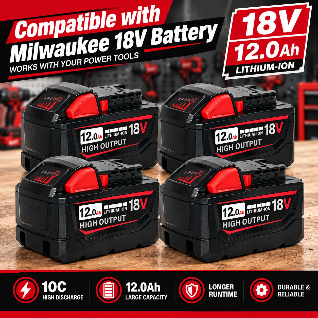 2/4Pack 18V 12.0Ah 10C High Discharge Battery, Replacement for Milwaukee M18 Battery, Compatible with 48-11-1850 48-11-1862 48-11-1890