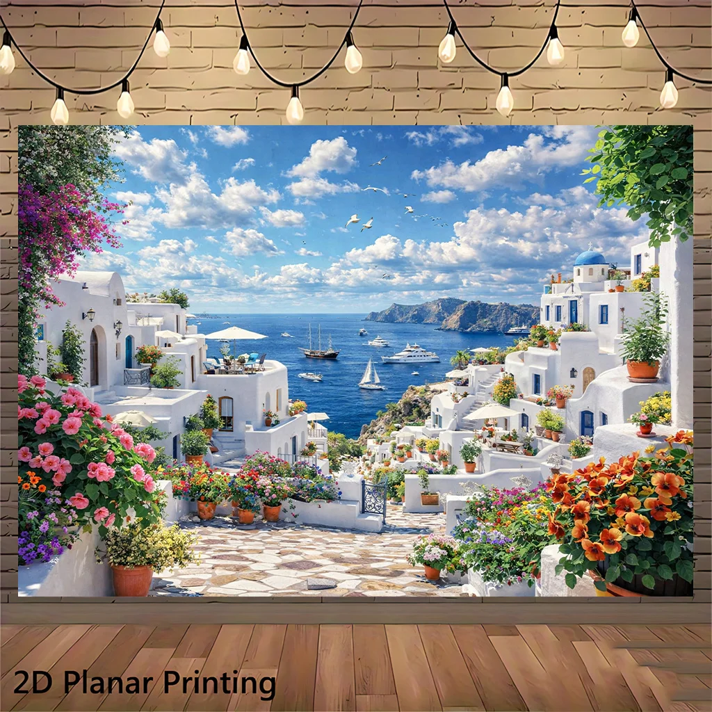 1 piece of 2D flat banner as background cloth, depicting Greek coastal scenery, wall decoration banner, yzb